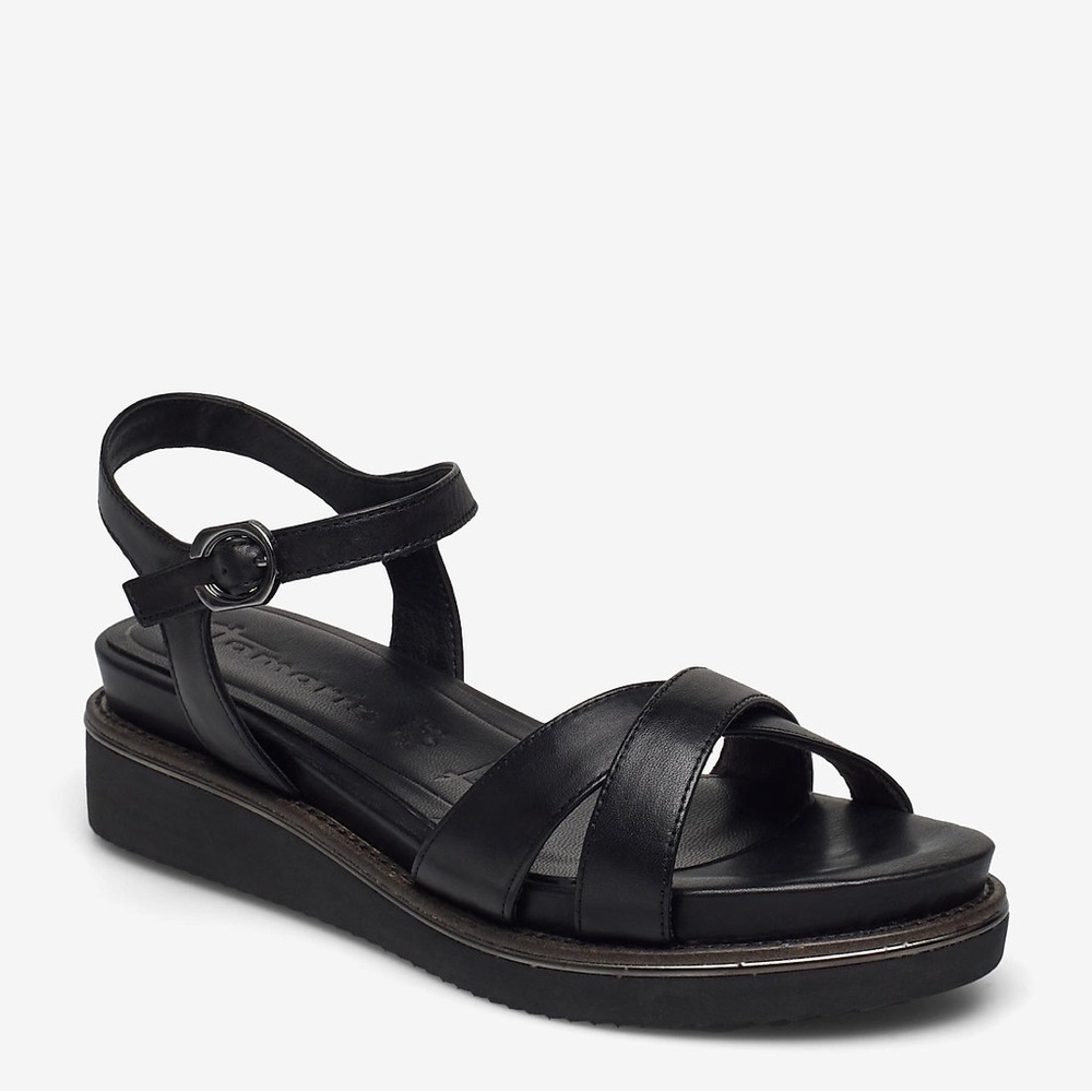 Women's Black Leather Crisscross Ankle-Strap Sandals